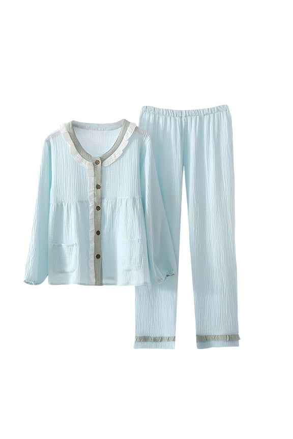 Womens Cotton Sets Sleepwear Fashion Color Block Buttons down Blouses Soft Straight Leg Pants Lounge Sets