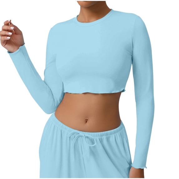 biudgviw Womens Crop Tops for Fall Lightweight Crew Neck Long Sleeve Basic Shirts Casual Slim Fitted Tees for Workout Yoga