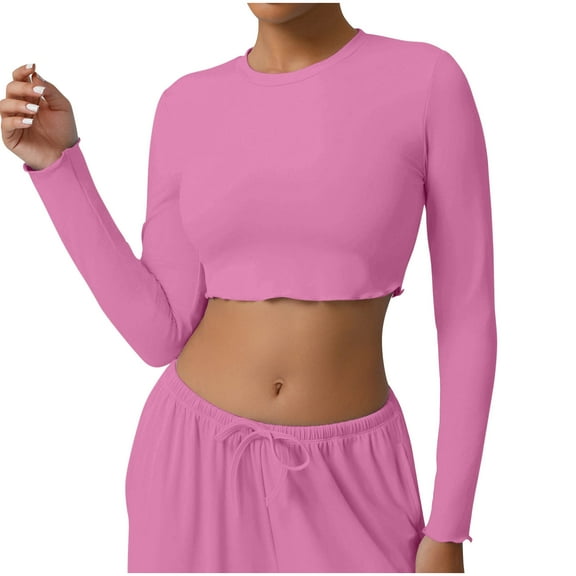 biudgviw Womens Crop Tops for Fall Lightweight Crew Neck Long Sleeve Basic Shirts Casual Slim Fitted Tees for Workout Yoga