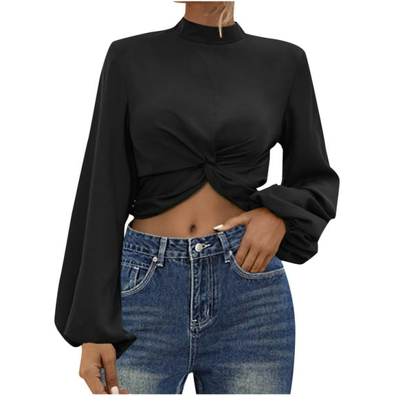 biudgviw Womens Cropped Tops Bloomer Long Sleeve Mock Neck Trendy T Shirts Solid Color Going out Tee Fall Beach Vacation Clothes