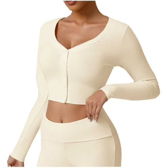 biudgviw Womens Cropped Tops for Fall Winter Trendy Lightweight Button Crew Neck Blouses Casual Slim Long Sleeve Cardigans