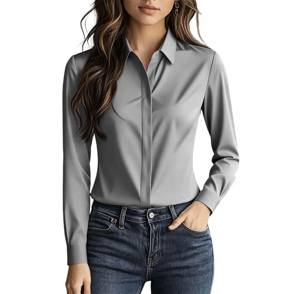 biudgviw Womens Dress Shirts Formal Fit Long Sleeve Tunic Tops Casual Button Down Collared Satin Blouse for Work Office
