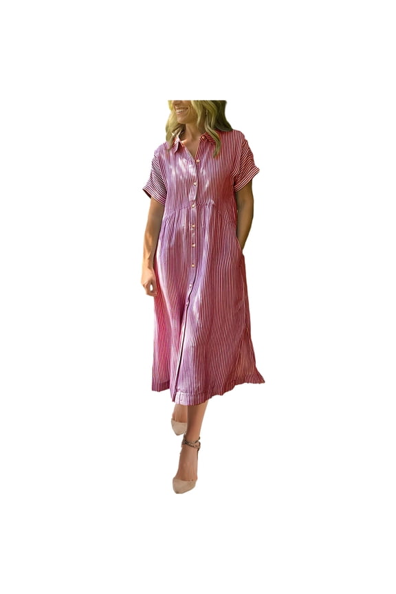 Womens Dresses Casual Summer Button Down Shirt Dresses Trendy Striped Short Sleeve Midi Dress Beach Cover Up with Pockets
