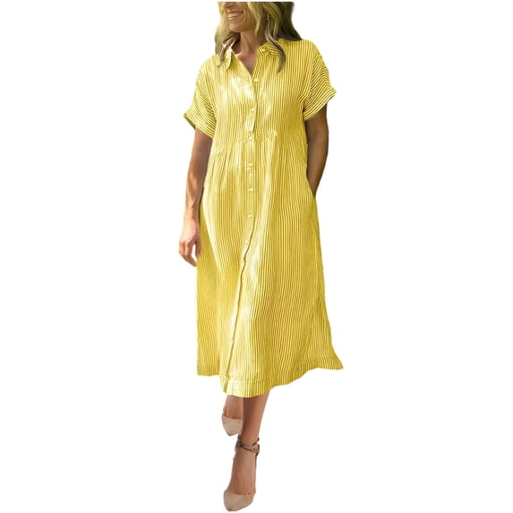 biudgviw Womens Dresses Casual Summer Button Down Shirt Dresses Trendy Striped Short Sleeve Midi Dress Beach Cover Up with Pockets