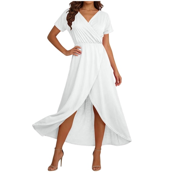 biudgviw Womens Dresses Short Sleeve Front Split Maxi Dress Casual Elegant V Neck Flowy A Line Dress Going Out Outfits