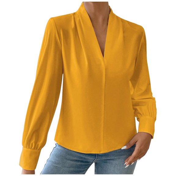 biudgviw Womens Dressy Tops Long Sleeve V Neck Business Casual Shirts Loose Fit Elegant Work Office Blouses Fall Clothes