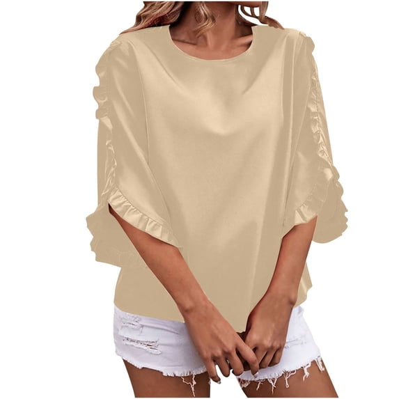 biudgviw Womens Fall Tops Crew Neck Ruffle 3/4 Sleeve Boho T Shirts Loose Fit Solid Color Casual Tee Beach Vacation Blouses