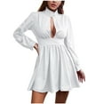 thumbnail image 1 of biudgviw Womens Fashion Dresses Trendy Long Sleeve Hollow out High Neck Comfy Dress Mini Dress Pleated Party Club Dress, 1 of 7