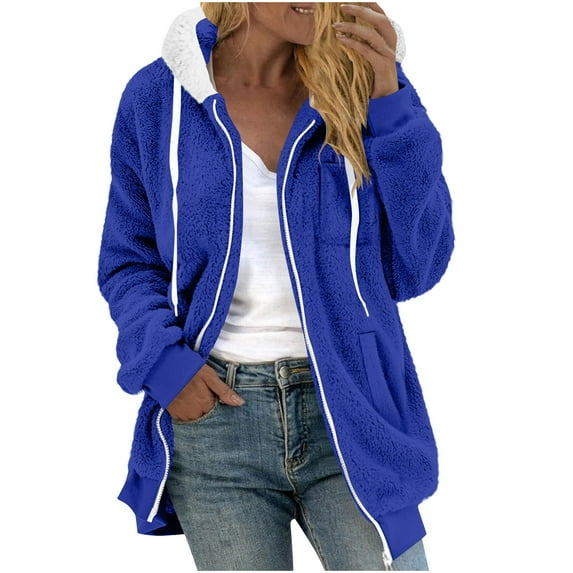 biudgviw Womens Fleece Jacket for Winter Outfits Zip up Drawstring Tunic Hooded Coats Fuzzy Comfy Casual Long Sleeve Outerwear with Pockets
