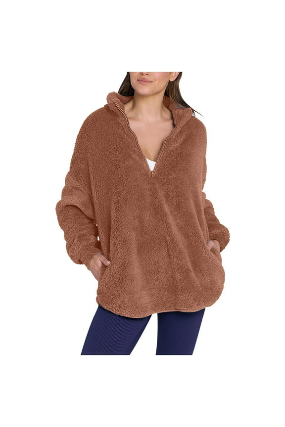Womens Fuzzy Sweatshirt Comfy Collared Half Zipped Long Sleeve Pullover Shirts Warm Fleece Oversized Plush Tops