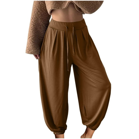 biudgviw Womens Harem Pants Pull on High Waisted Baggy Pants Lightweight Loose Ankle Pants Boho Pajama Bottoms Beach Trousers