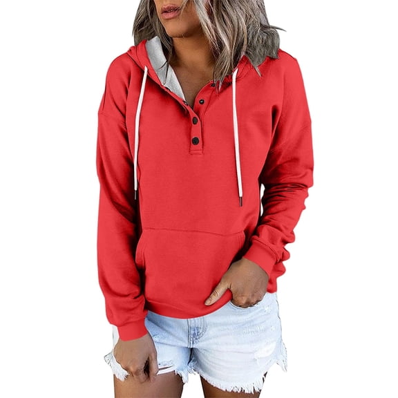 biudgviw Womens Hoodies Loose Henley Neck Sweatshirts Casual Drawstring Long Sleeve Hooded Tops with Pockets Fashion Clothing