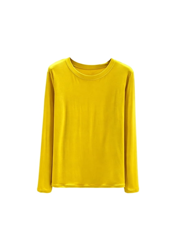 Womens Long Sleeve T Shirts Classic Fit Crew Neck Tops Fall Winter Casual Base Layering Tees Soft Loungewear(Yellow,Large)