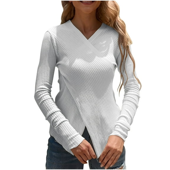 biudgviw Womens Long Sleeve Tops Slim Fit V Neck Criss Cross Sweaters Lightweight Soft Knit Textured Casual Shirts Going Out Clothes