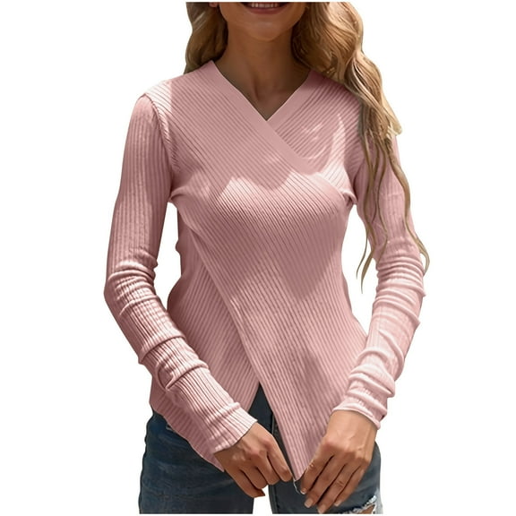 biudgviw Womens Long Sleeve Tops Slim Fit V Neck Criss Cross Sweaters Lightweight Soft Knit Textured Casual Shirts Going Out Clothes