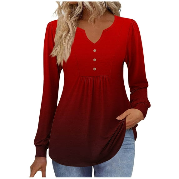 biudgviw Womens Long Sleeve Tops for Fall Lightweight V Neck Button Down Shirts Casual Loose Print Pleated Blouses