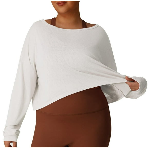 biudgviw Womens Long Sleeve Tops for WorkOut Yoga Plus Size Crew Neck Cropped Sweatshirt Casual Open Back Pullover Shirts for Gym Clothes