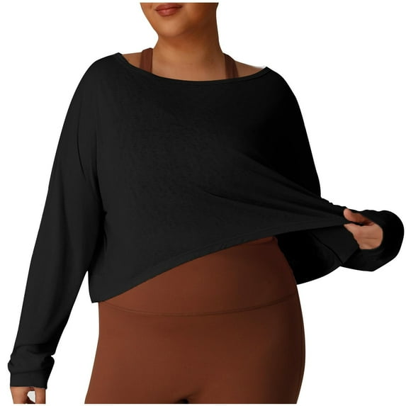 biudgviw Womens Long Sleeve Tops for WorkOut Yoga Plus Size Crew Neck Cropped Sweatshirt Casual Open Back Pullover Shirts for Gym Clothes