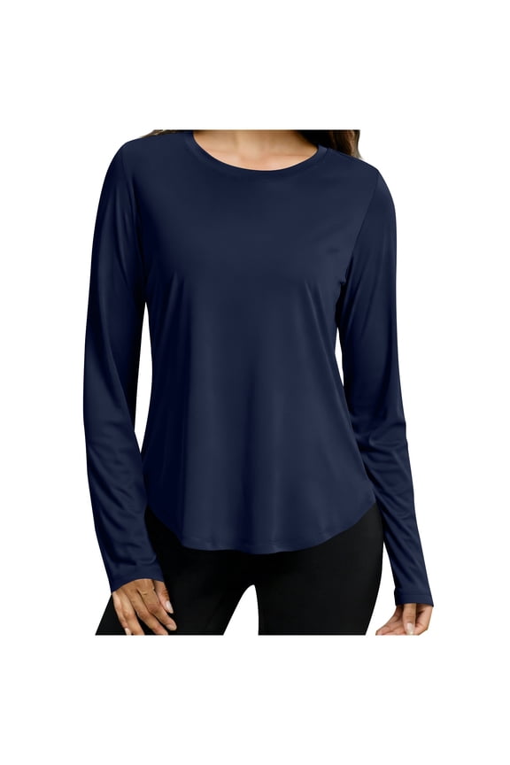 Womens Long Sleeve Workout Tops Quick Dry Crewneck Yoga Athletic Slim Fit Shirts Casual Sun Protection Running Tees