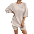 thumbnail image 1 of biudgviw Womens Loungewear Set 2 Piece Ribbed Knit Sleepwear Casual Comfy Crew Neck Short Sleeve Tops and Shorts Pajama Set with Pocket, 1 of 5