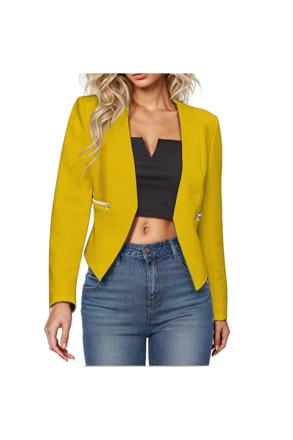 Womens Open Front Blazer Long Sleeve Office Jacket Formal Solid Color Work Cardigans with Zipper Pockets