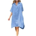 thumbnail image 1 of biudgviw Womens Oversized Dresses Cotton Linen Flowy V Neck Collared Half Buttons Midi Dress Fall Loose 3/4 Sleeve T-Shirts Dress, 1 of 6