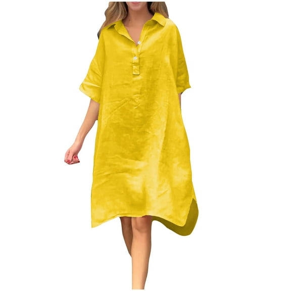 biudgviw Womens Oversized Dresses Cotton Linen Flowy V Neck Collared Half Buttons Midi Dress Fall Loose 3/4 Sleeve T-Shirts Dress