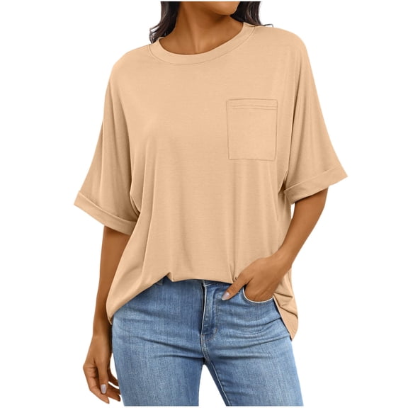 biudgviw Womens Oversized Summer T Shirts Casual Short Sleeve Tunic Tops Comfy Crewneck Workout Basic Tees with Pocket
