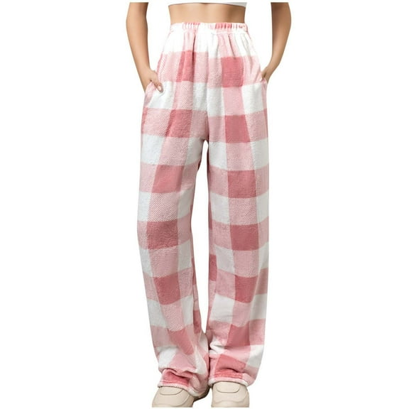 biudgviw Womens Pajama Pants for Fall Winter Wide Leg Fleece Warm Thermal Plaid Sleep Pants Comfy High Waist Pj Bottoms with Pockets