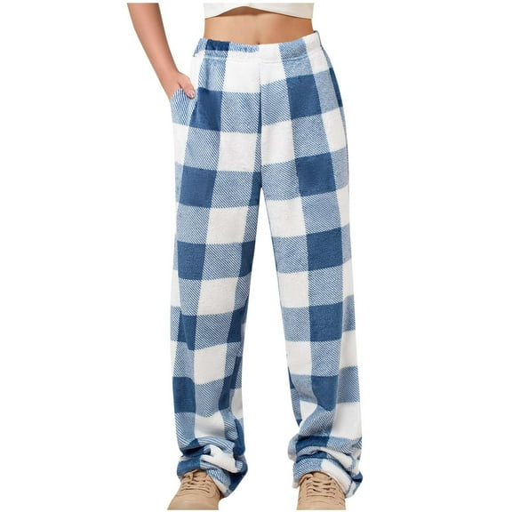 biudgviw Womens Pajama Pants for Fall Winter Wide Leg Fleece Warm Thermal Plaid Sleep Pants Comfy High Waist Pj Bottoms with Pockets