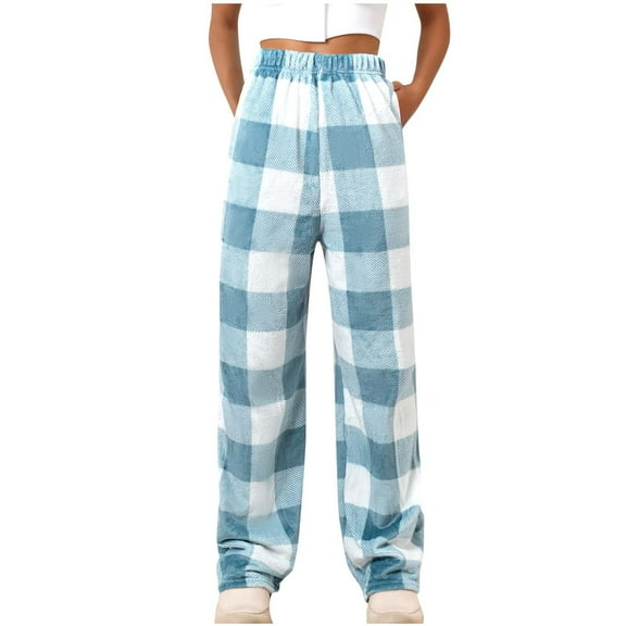biudgviw Womens Pajama Pants for Fall Winter Wide Leg Fleece Warm Thermal Plaid Sleep Pants Comfy High Waist Pj Bottoms with Pockets