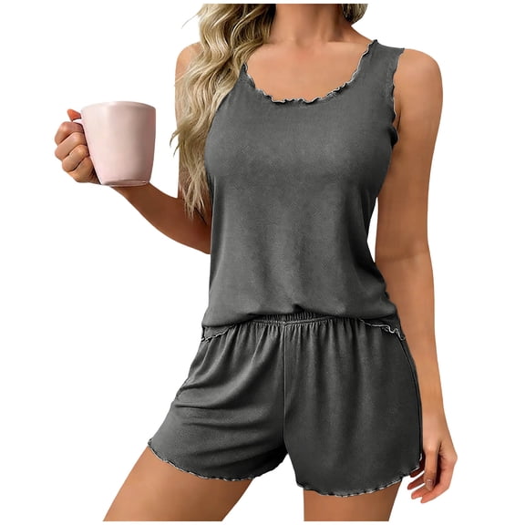 biudgviw Womens Pajama Sets 2 Piece Ruffle Hem Sleeveless Sleepwear Summer Crewneck Tank Top with Elastic Waist Shorts Pjs Set