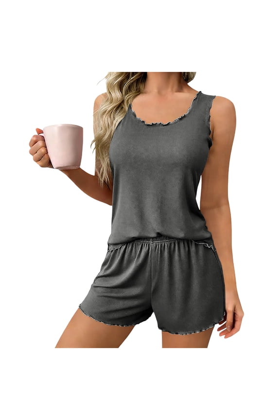 Womens Pajama Sets 2 Piece Ruffle Hem Sleeveless Sleepwear Summer Crewneck Tank Top with Elastic Waist Shorts Pjs Set