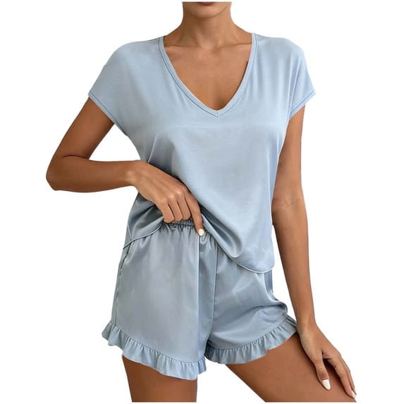 biudgviw Womens Pajama Sets Comfy Sleeveless Sleepwear Summer V Neck Tank Top with Ruffle Hem Shorts Pj Set 2 Piece Loungewear