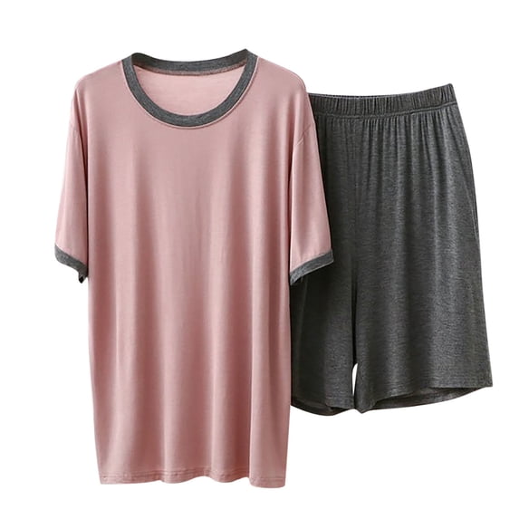 biudgviw Womens Pajama Sets Plus Size Short Sleeve Loungewear Color Block Crew Neck Shirts with Elastic Waist Shorts Sleepwear Set