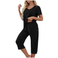 thumbnail image 1 of biudgviw Womens Pajama Sets Summer Casual Short Sleeve V Neck Tops with Capri Pants Sleepwear 2 Piece Comfy Lounge Pjs Sets, 1 of 7