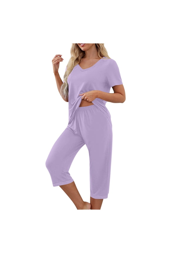 Womens Pajama Sets Summer Casual Short Sleeve V Neck Tops with Capri Pants Sleepwear 2 Piece Comfy Lounge Pjs Sets