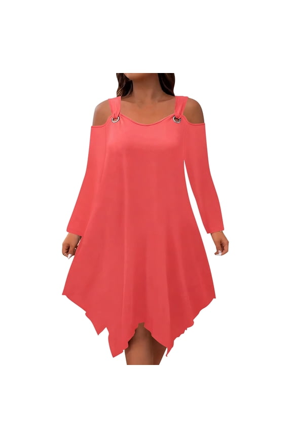 Womens Plus Size Dresses Summer Cold Shoulder Elegant Dresses Irregular Hem Casual Long Sleeve T Shirt Dress