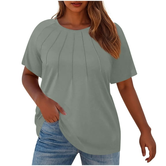 biudgviw Womens Plus Size Summer T Shirts Pleated Crew Neck Short Sleeves Tops Casual Solid Color Outfits Clothes