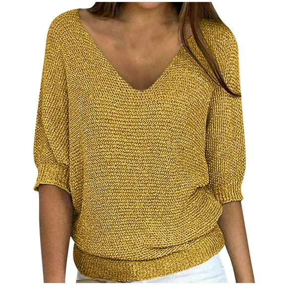 biudgviw Womens Plus Size Tops Loose 3/4 Sleeve Pullover Sweaters Oversized Soft V Neck Casual Shirts Fashion Clothing