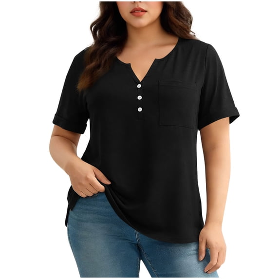 biudgviw Womens Plus Size Tops Short Sleeve Soft Basic Tees Classic Casual V Neck Button Oversized T-Shirt with Pocket