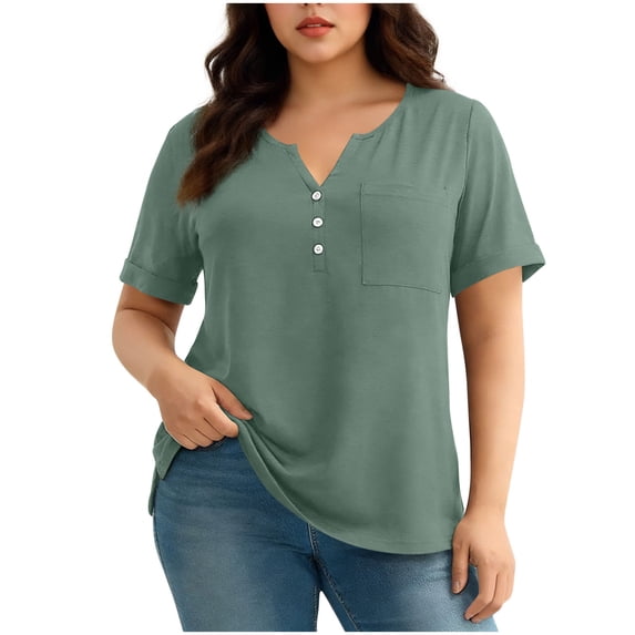 biudgviw Womens Plus Size Tops Short Sleeve Soft Basic Tees Classic Casual V Neck Button Oversized T-Shirt with Pocket