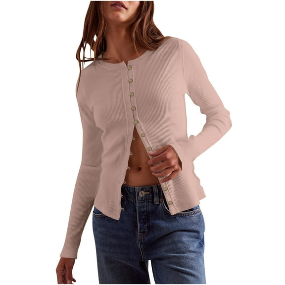 biudgviw Womens Rib Knit Cardigan Sweater Button down Long Sleeve Casual Outerwear Solid Color Trendy Coat Fall Clothes