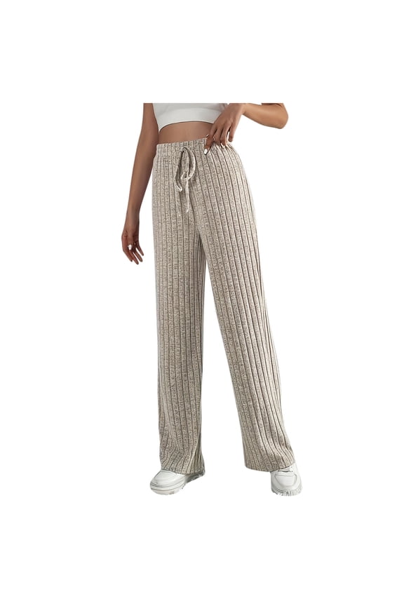 Womens Ribbed Knit Pants High Waist Casual Comfy Loose Soft Wide Leg Workout Yoga Pants with Drawstring