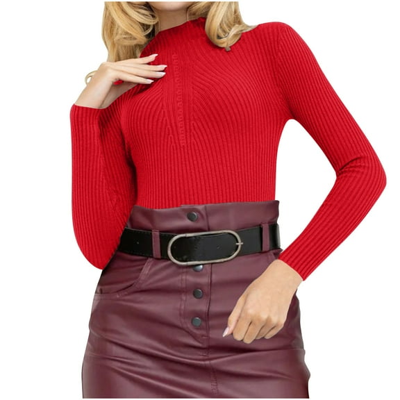 biudgviw Womens Ribbed Knit Sweater Mock Neck Slim Fit Work Base Layer Pullover Long Sleeve Solid Color Fall Tunic Blouses