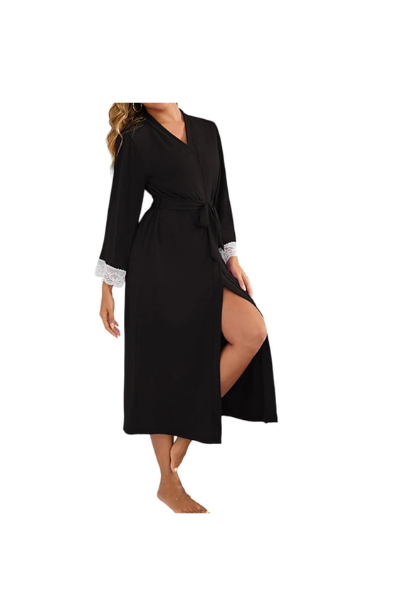 Womens Robes Modal Long Bathrobe Lace Trim V Neck Soft Lightweight Sleepwear Belted Casual Ladies Loungewear with 3/4 Sleeve