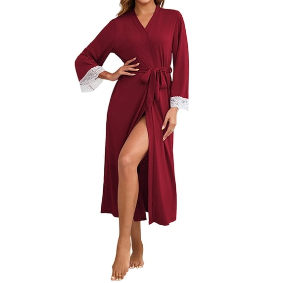 biudgviw Womens Robes Modal Long Bathrobe Lace Trim V Neck Soft Lightweight Sleepwear Belted Casual Ladies Loungewear with 3/4 Sleeve