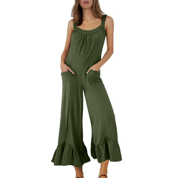 biudgviw Womens Ruffle Hem Jumpsuits Strap Square Neck Tank Top Rompers Comfy Wide Leg Pants One Piece Boho Casual Beach Vacation Outfits