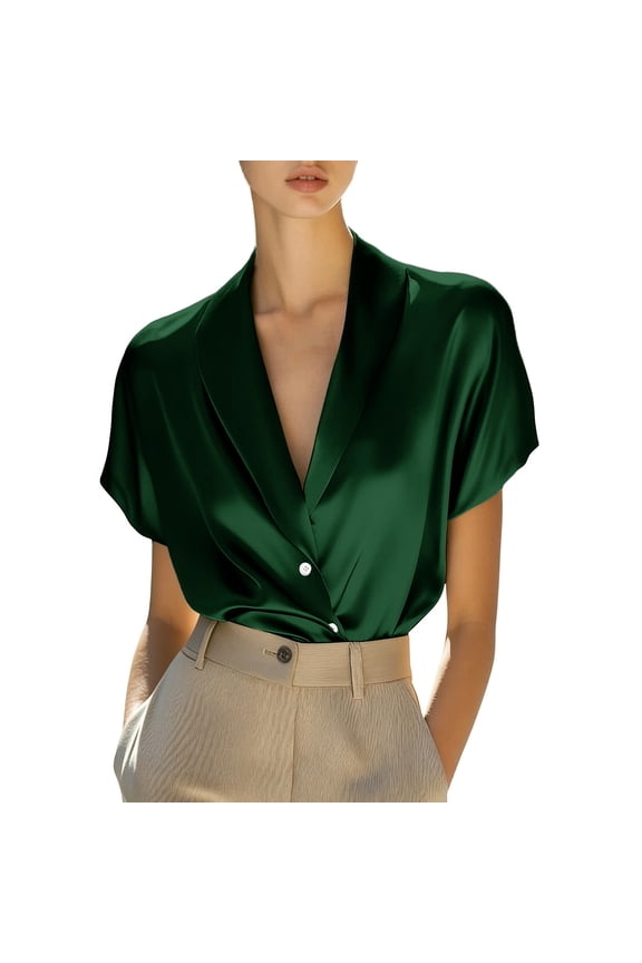 Womens Satin Blouse Short Sleeve Silk Tops Elegant Casual Lapel Button Work Tunic Shirts Lightweight Blazers