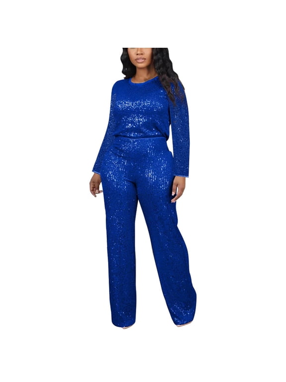 Womens Sequin 2 Piece Outfits Elegant Long Sleeve Lounge Sets Crew Neck Sparkly Top with Long Pants Glitter Suit for Party Club